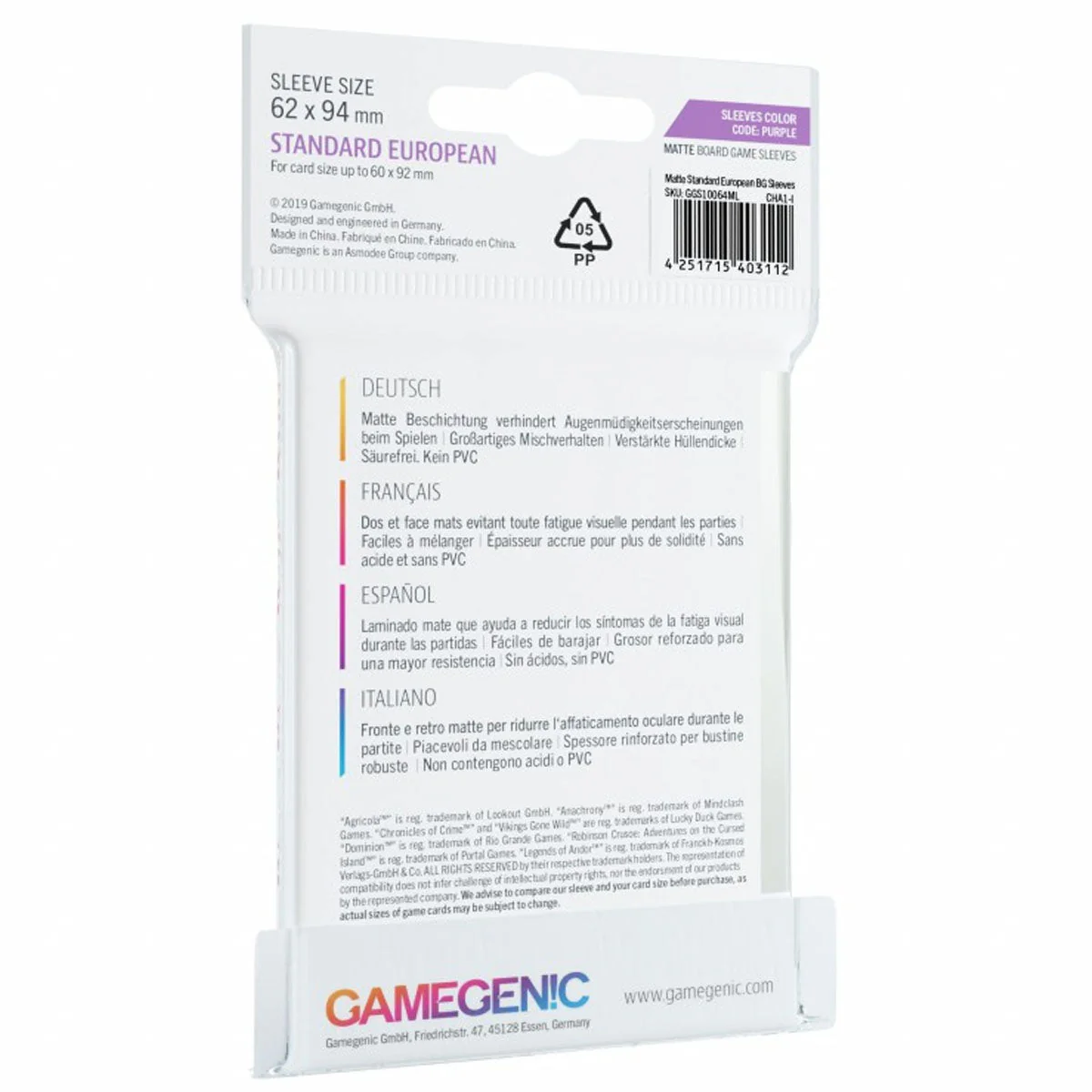Gamegenic Matte Board Game Sleeves Standard European Sized 62mm x 94mm 50pc - Image 3