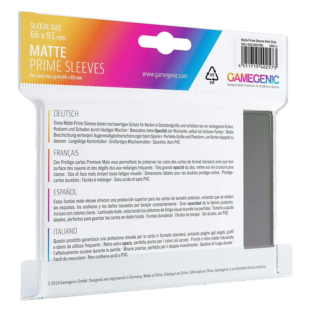 Gamegenic Matte Prime Card Sleeves Dark Gray (66mm x 91mm) (100 Sleeves Per Pack) - Image 2