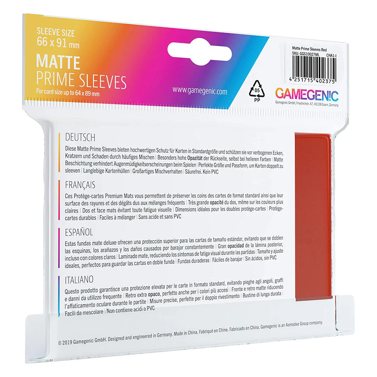 Gamegenic Matte Prime Card Sleeves Red (66mm x 91mm) (100 Sleeves Per Pack) - Image 2