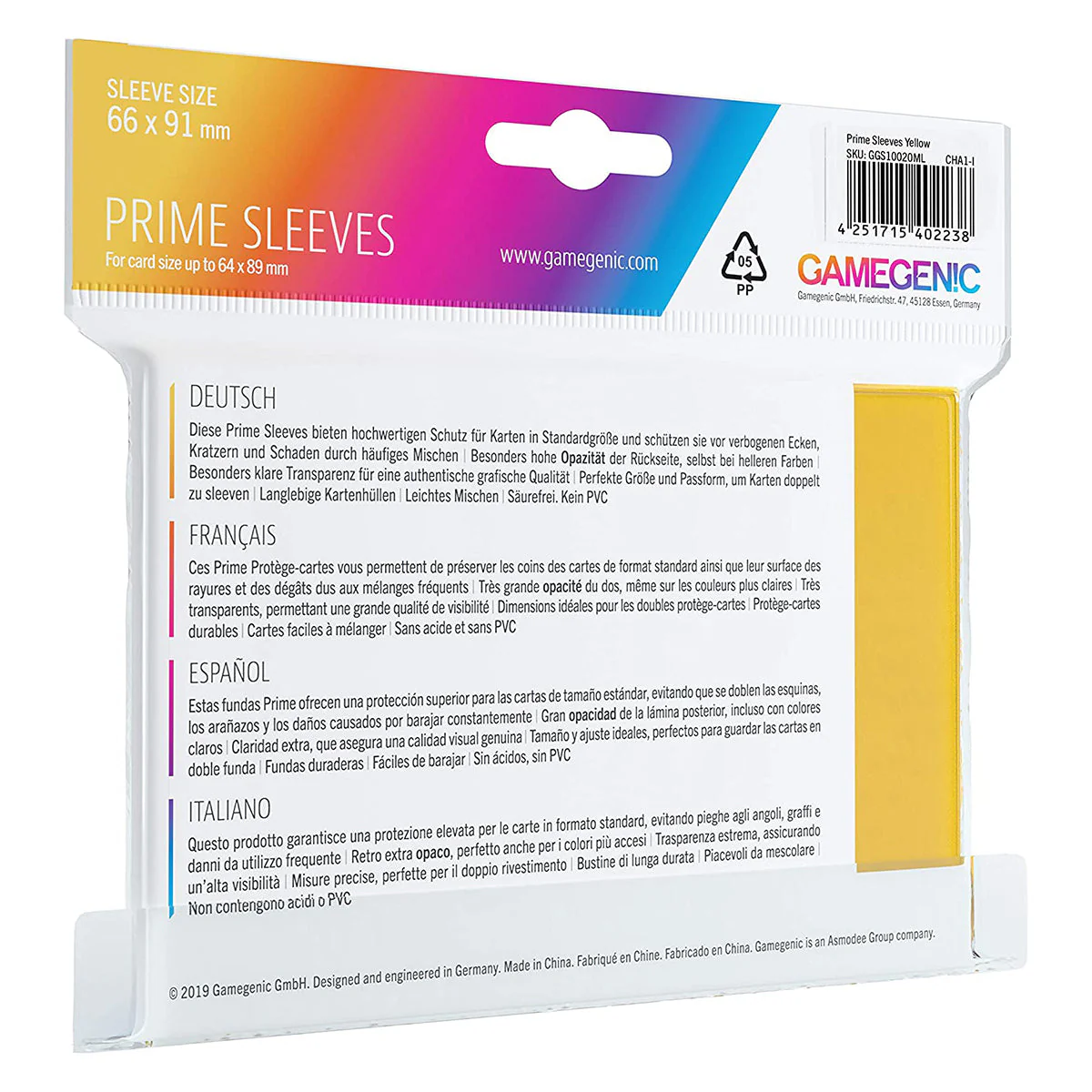 Gamegenic Prime Card Sleeves Yellow (66mm x 91mm) (100 Sleeves Per Pack) - Image 2