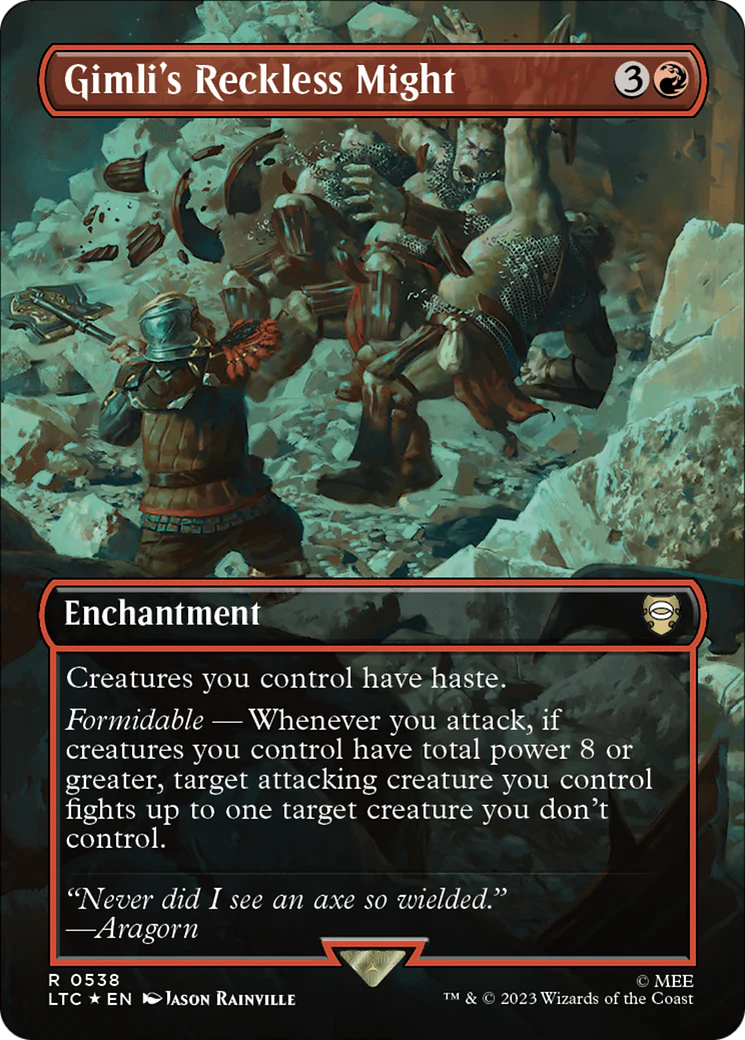 FOIL Gimli's Reckless Might (Borderless) (Surge Foil) (LTC-538) - Tales of Middle-earth Commander - Magic The Gathering