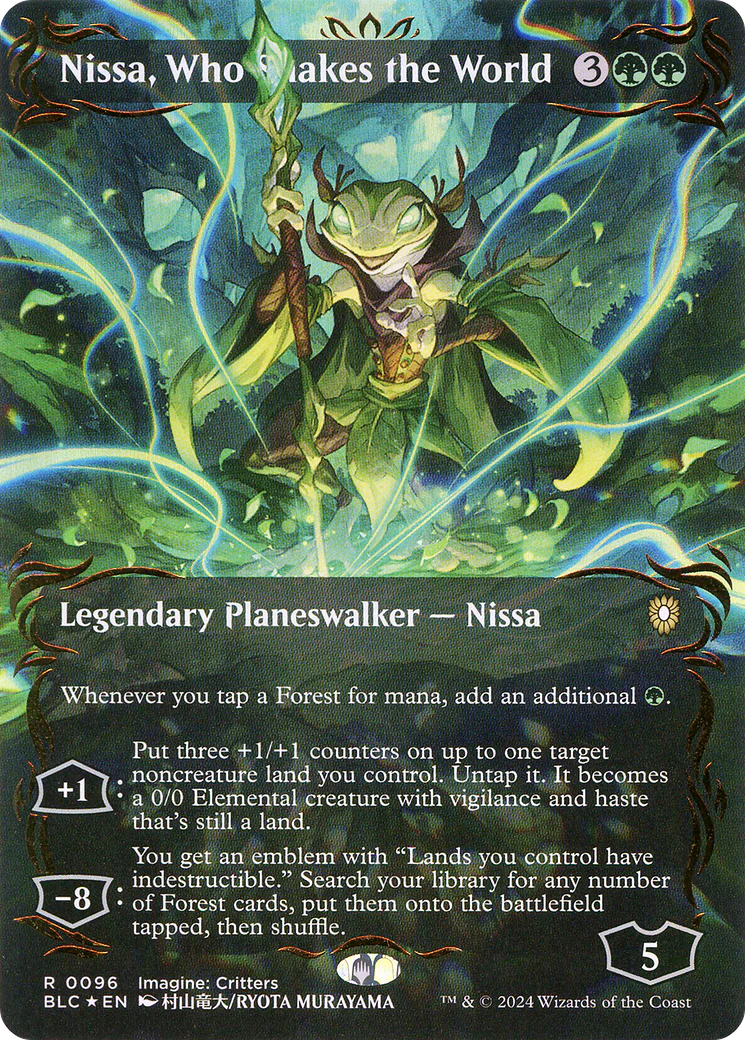 FOIL Nissa, Who Shakes the World (Borderless) (Raised Foil) (BLC-096) - Bloomburrow Commander - Magic The Gathering